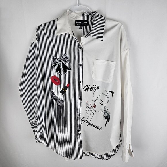 Frank Lyman Design Collection Shirt Medium Striped Woman Illustration Artsy B&W - Picture 2 of 12